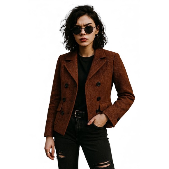 GAP Women's Tweed Jacket | Wool Blend Double Breasted Brown Blazer Coat | Size 6 - Picture 1 of 6